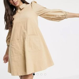 ASOS DESIGN cord swing mini dress with poplin sleeves in beige